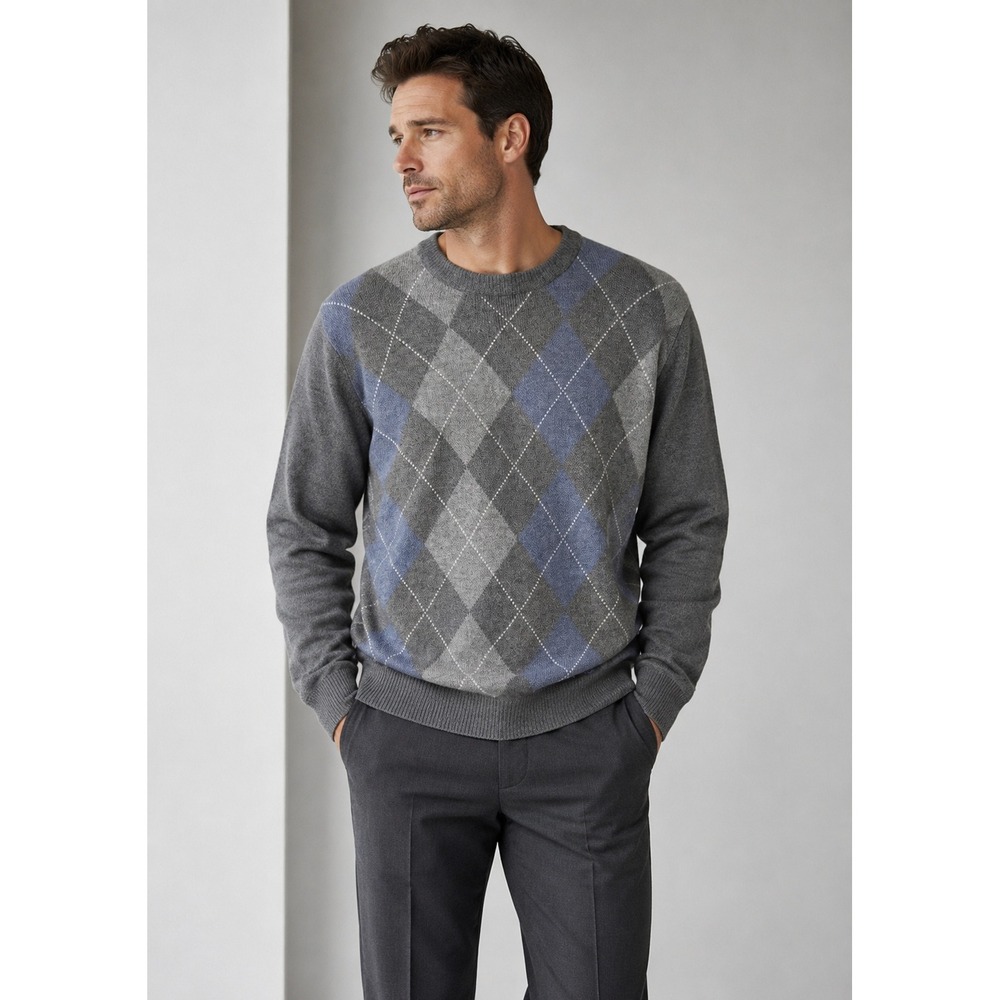 Jos A Bank Sweater Mens Large Lambswool Blend Argyle Preppy Crewneck Academia
